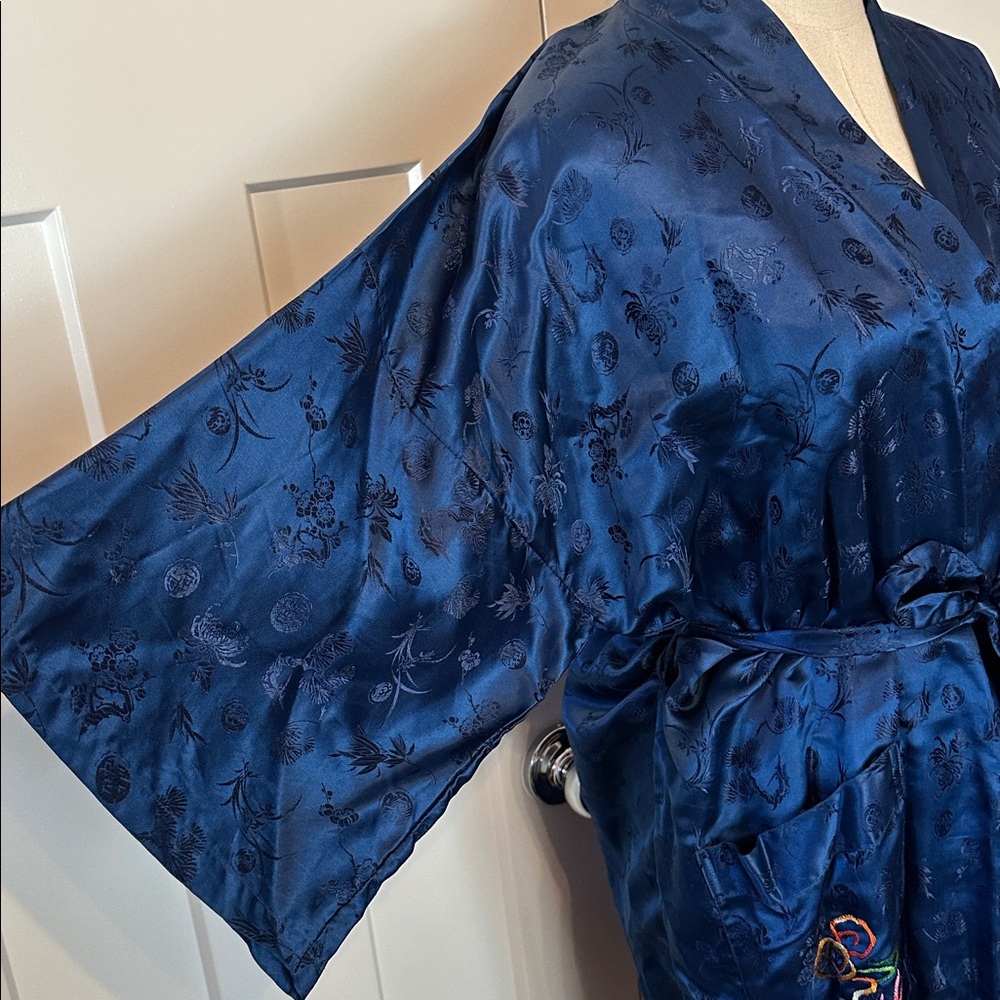 Vintage Esme Women's embroidered dragon embossed Chinese blue L pure silk robe - Picture 4 of 14